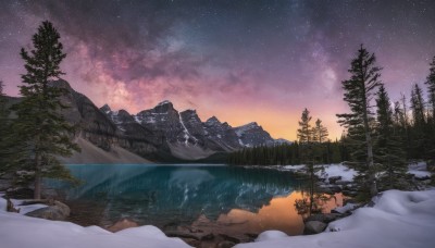 outdoors,sky,cloud,water,tree,no humans,night,star (sky),nature,night sky,scenery,snow,forest,starry sky,reflection,sunset,mountain,winter,bare tree,river,landscape,mountainous horizon,lake,pine tree,rock