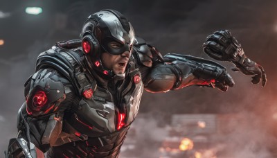 solo,1boy,upper body,male focus,armor,blurry,mask,blurry background,facial hair,helmet,science fiction,realistic,cyborg,power armor,open mouth,muscular,power suit