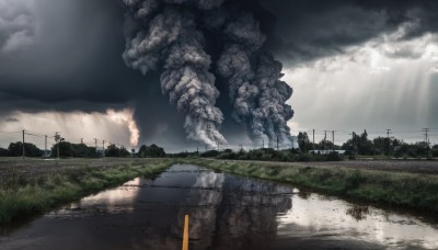 outdoors,sky,day,cloud,water,tree,no humans,sunlight,cloudy sky,grass,building,nature,scenery,reflection,light rays,road,sunbeam,ruins,power lines,river,utility pole,fire,ground vehicle,motor vehicle,smoke