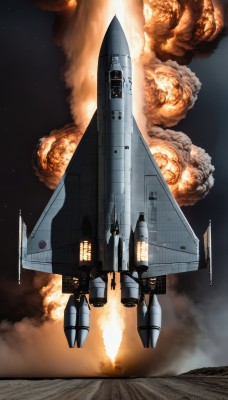 sky,signature,military,no humans,fire,star (sky),smoke,flying,science fiction,realistic,aircraft,military vehicle,airplane,battle,space,explosion,vehicle focus,damaged,spacecraft,jet,missile,bomb,fighter jet,pilot,rocket,variable fighter