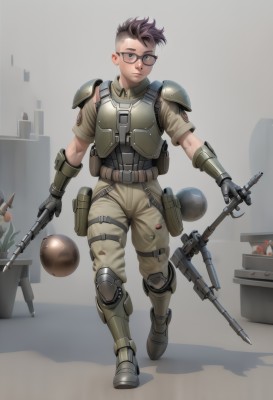 solo,looking at viewer,short hair,blue eyes,brown hair,gloves,1boy,holding,full body,weapon,male focus,multicolored hair,boots,glasses,belt,pants,holding weapon,armor,vest,gun,military,holding gun,rifle,walking,black-framed eyewear,hair behind ear,knee pads,undercut,explosive,grenade,bulletproof vest,1girl,standing,lips,military uniform,shadow,shoulder armor,very short hair,mohawk