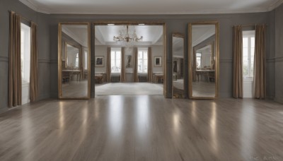 day,artist name,indoors,dated,no humans,window,shadow,chair,table,sunlight,curtains,scenery,wooden floor,stairs,door,painting (object),hallway,carpet,candlestand,reflective floor,chandelier,tree,book,bed,watermark,plant,reflection,light,portrait (object)