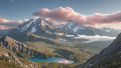 outdoors,sky,day,cloud,signature,water,tree,blue sky,no humans,cloudy sky,nature,scenery,mountain,river,landscape,mountainous horizon,snow