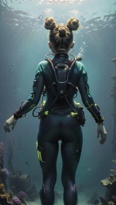 1girl,solo,short hair,blonde hair,standing,ass,artist name,water,hair bun,from behind,double bun,bodysuit,sunlight,skin tight,fish,science fiction,bubble,underwater,black bodysuit,facing away,cable,air bubble,open hands,wetsuit,aquarium,seaweed,brown hair,single hair bun,light rays,coral