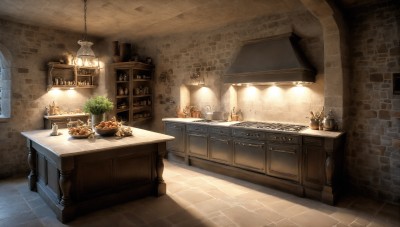 HQ,food,indoors,cup,no humans,window,chair,table,sunlight,bottle,plant,scenery,plate,door,tiles,potted plant,light,lamp,wall,bread,brick wall,shelf,kitchen,flower pot,cabinet,fireplace,stairs,candle,vase,counter,candlestand,chandelier