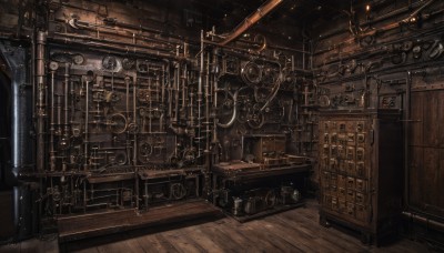 indoors,no humans,scenery,wooden floor,stairs,door,industrial pipe,steampunk,telescope,artist name,signature,window,chair,fantasy,clock,gears,cabinet,wooden wall,crate