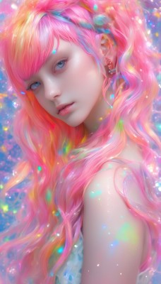 1girl,solo,long hair,looking at viewer,bangs,blue eyes,hair ornament,dress,bare shoulders,jewelry,upper body,pink hair,multicolored hair,earrings,parted lips,sleeveless,artist name,from side,lips,eyelashes,watermark,wavy hair,realistic,nose,colorful,hairband,looking to the side,pink lips