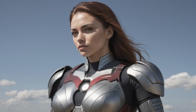 1girl,solo,long hair,breasts,simple background,brown hair,brown eyes,upper body,sky,cloud,armor,blue sky,lips,bodysuit,science fiction,breastplate,realistic,nose,looking at viewer,outdoors,day,scenery