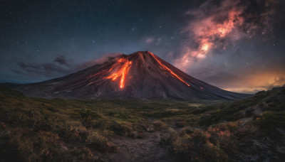 outdoors, sky, cloud, no humans, night, glowing, fire, star (sky), nature, night sky, scenery, starry sky, mountain, landscape