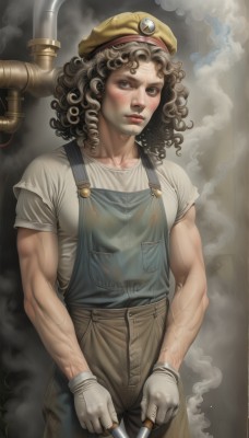 1girl,solo,looking at viewer,brown hair,shirt,gloves,1boy,hat,holding,brown eyes,collarbone,white shirt,short sleeves,male focus,cowboy shot,white gloves,lips,muscular,facial hair,beret,t-shirt,genderswap,smoke,veins,curly hair,realistic,nose,overalls,manly,hammer,blush,blue eyes,blonde hair,standing,parted lips,steam,freckles,dirty,wrench,dirty face,dirty clothes