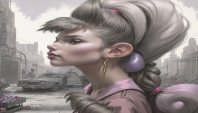 1girl,solo,long hair,looking at viewer,bangs,brown eyes,jewelry,ponytail,grey hair,earrings,outdoors,multiple boys,sky,solo focus,day,cloud,lips,eyelashes,makeup,cloudy sky,lipstick,ground vehicle,building,portrait,motor vehicle,city,realistic,car,weapon,parted lips,pointy ears,gun,road,soldier