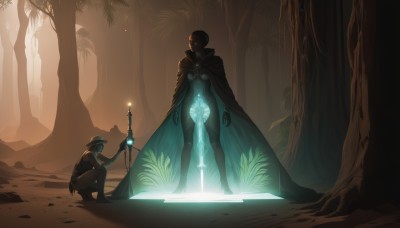 1girl,short hair,black hair,gloves,1boy,hat,holding,standing,weapon,boots,outdoors,sword,cape,holding weapon,armor,tree,bodysuit,glowing,holding sword,helmet,nature,glowing eyes,cloak,forest,science fiction,fantasy,one knee,planted,planted sword,glowing sword,breasts,multiple girls,2girls,colored skin,scenery