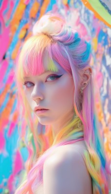 1girl,solo,long hair,looking at viewer,bangs,blonde hair,bare shoulders,jewelry,closed mouth,green eyes,blue hair,upper body,pink hair,multicolored hair,earrings,blunt bangs,hair bun,blurry,from side,two-tone hair,lips,eyelashes,makeup,blurry background,portrait,eyeshadow,realistic,nose,eyeliner,colorful,rainbow hair,blue eyes,artist name,looking to the side,expressionless,piercing,ear piercing,multicolored background,mascara