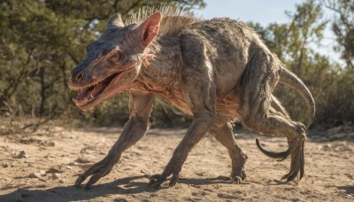 solo,open mouth,tail,outdoors,sky,teeth,day,blurry,tree,no humans,blurry background,shadow,animal,fangs,sharp teeth,nature,claws,monster,realistic,animal focus,whiskers,dinosaur,standing,full body