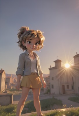 1girl,solo,looking at viewer,blush,smile,short hair,skirt,brown hair,shirt,brown eyes,closed mouth,standing,jacket,full body,white shirt,ponytail,outdoors,open clothes,sky,shoes,belt,flat chest,lips,sunlight,grass,building,sneakers,child,backlighting,short ponytail,sunset,sun,female child,yellow skirt,house,no socks,denim jacket,breasts,jewelry,collarbone,miniskirt,necklace,bare legs,sleeves rolled up