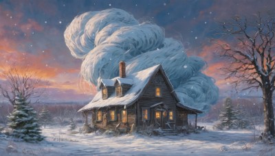 outdoors,sky,cloud,tree,blue sky,no humans,window,cloudy sky,grass,building,nature,scenery,snow,sunset,snowing,mountain,door,house,winter,bare tree,evening,gradient sky,pine tree,smoke,chimney