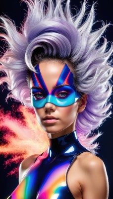 1girl,solo,long hair,breasts,looking at viewer,blue eyes,bare shoulders,medium breasts,upper body,white hair,parted lips,sleeveless,dark skin,dark-skinned female,lips,eyelashes,makeup,mask,floating hair,watermark,lipstick,web address,curly hair,nose,big hair,superhero,domino mask,closed mouth,green eyes,collarbone,pink hair,shiny,artist name,bodysuit,turtleneck,spiked hair,black background,skin tight,light purple hair,multicolored clothes,eyeshadow,shiny clothes,rainbow