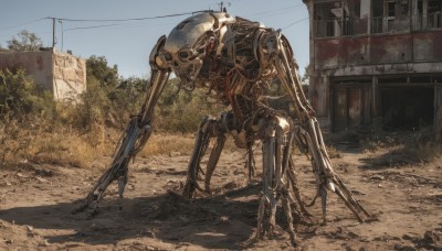 solo,weapon,outdoors,sky,day,tree,no humans,robot,building,scenery,mecha,claws,science fiction,sign,realistic,road,ruins,power lines,damaged,utility pole,non-humanoid robot,blue sky,gun,shadow,cable,dirty,wire,radio antenna