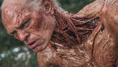 solo,looking at viewer,1boy,white hair,male focus,blurry,lips,blood,blurry background,scar,science fiction,injury,realistic,bald,guro,blue eyes,parted lips,wet,portrait,close-up,veins,blood on face,manly