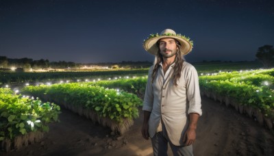 solo,long hair,looking at viewer,smile,brown hair,shirt,long sleeves,1boy,hat,brown eyes,standing,white shirt,flower,male focus,outdoors,sky,collared shirt,pants,tree,night,facial hair,black pants,grass,plant,star (sky),nature,night sky,scenery,beard,starry sky,sun hat,arms at sides,straw hat,field,path,water,sleeves rolled up,realistic,road