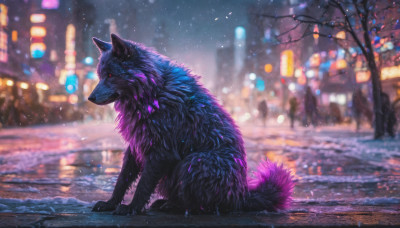 red eyes, outdoors, sky, blurry, tree, no humans, night, night sky, snow, snowing, wolf