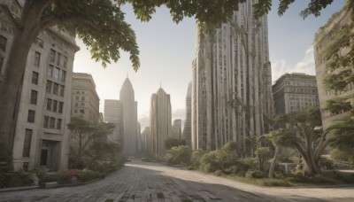 flower,outdoors,sky,day,cloud,tree,blue sky,no humans,window,sunlight,grass,plant,building,scenery,city,potted plant,road,bush,cityscape,ruins,lamppost,street,skyscraper,path