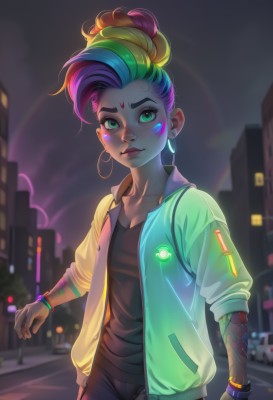 1girl,solo,breasts,looking at viewer,smile,short hair,shirt,cleavage,jewelry,closed mouth,green eyes,standing,collarbone,jacket,pink hair,purple hair,multicolored hair,cowboy shot,earrings,small breasts,outdoors,green hair,open clothes,pants,artist name,hood,hair bun,blurry,bracelet,two-tone hair,open jacket,lips,black shirt,tattoo,makeup,night,blurry background,facial mark,black pants,single hair bun,denim,lipstick,eyeshadow,freckles,hoop earrings,green jacket,city,nose,cyberpunk,neon lights,rainbow hair,blush,blonde hair,ponytail,eyelashes,building,web address,sleeves rolled up,yellow jacket,facepaint,cyborg,skyscraper,sleeves pushed up,city lights