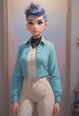 1girl,solo,breasts,looking at viewer,blush,short hair,blue eyes,shirt,long sleeves,jewelry,medium breasts,blue hair,standing,jacket,white shirt,multicolored hair,cowboy shot,earrings,open clothes,pants,artist name,indoors,necklace,nail polish,blurry,two-tone hair,open jacket,lips,fingernails,eyelashes,makeup,buttons,turtleneck,lipstick,blue jacket,casual,eyeshadow,contrapposto,asymmetrical hair,mirror,white pants,nose,arms at sides,unbuttoned,red lips,stud earrings,eyeliner,undercut,mascara,high-waist pants,denim jacket,bangs,closed mouth,collared shirt,thick eyebrows,cardigan,blue shirt,shirt tucked in,mohawk