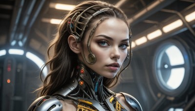 HQ,1girl,solo,long hair,looking at viewer,blue eyes,brown hair,upper body,parted lips,indoors,blurry,lips,blurry background,headgear,portrait,forehead,science fiction,realistic,nose,android,cable,cyborg,hair pulled back,cyberpunk,hairband,from side,eyelashes,bodysuit,makeup,close-up,backlighting,earpiece