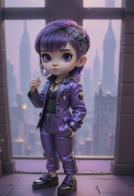 1girl,solo,breasts,looking at viewer,short hair,shirt,hair ornament,long sleeves,jewelry,closed mouth,standing,purple eyes,jacket,full body,purple hair,earrings,outdoors,food,open clothes,shoes,hairclip,belt,pants,artist name,hand up,chibi,nail polish,black footwear,blurry,open jacket,lips,black shirt,eyelashes,makeup,buttons,blurry background,piercing,ring,building,ear piercing,child,hand in pocket,lollipop,city,nose,stud earrings,purple jacket,undercut,purple pants,bangs,necklace,flat chest,window,cross