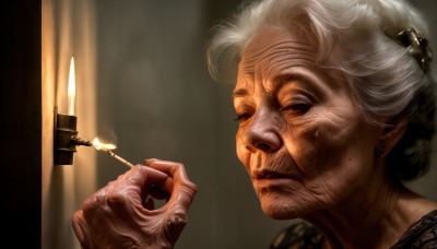 HQ,1girl,solo,short hair,blue eyes,hair ornament,holding,jewelry,closed mouth,white hair,grey hair,earrings,mole,lips,fire,portrait,veins,cigarette,realistic,nose,smoking,candle,old,old man,flame,old woman,lighter,wrinkled skin,1boy,closed eyes,indoors,single hair bun,candlestand,candlelight