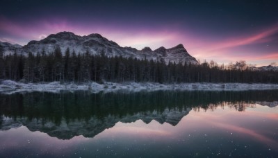 outdoors,sky,cloud,water,tree,no humans,night,star (sky),nature,night sky,scenery,snow,forest,starry sky,reflection,mountain,winter,river,landscape,lake,purple sky,pine tree,sunset