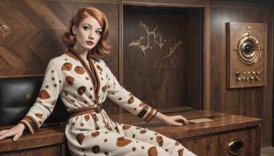 1girl,solo,looking at viewer,short hair,blue eyes,brown hair,long sleeves,dress,jewelry,sitting,closed mouth,earrings,belt,indoors,medium hair,lips,makeup,chair,table,lipstick,freckles,robe,wooden floor,nose,red lips,painting (object),brown eyes,parted lips,artist name,hair bun,mole,parody,realistic