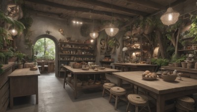 food,indoors,tree,cup,no humans,window,chair,table,sunlight,bottle,plant,scenery,plate,drinking glass,bowl,wooden floor,basket,potted plant,lamp,bread,stool,shelf,statue,jar,ceiling,restaurant,counter,ceiling light,wooden table,loaded interior,day,barrel