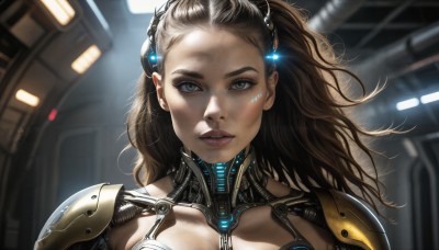 HQ,1girl,solo,long hair,looking at viewer,brown hair,green eyes,upper body,parted lips,teeth,indoors,armor,blurry,lips,eyelashes,blurry background,headgear,portrait,close-up,forehead,science fiction,realistic,nose,cyborg,hair pulled back,cyberpunk,black hair,glowing,messy hair,backlighting,cable,dirty