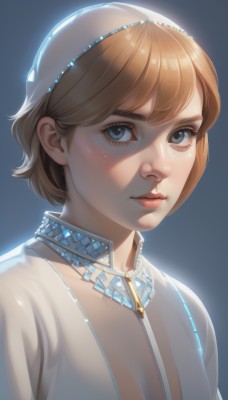 1girl,solo,looking at viewer,short hair,bangs,blue eyes,blonde hair,simple background,brown hair,jewelry,closed mouth,upper body,shiny,necklace,lips,see-through,grey eyes,eyelashes,blue background,portrait,freckles,realistic,nose,breasts,gradient,gradient background,gem