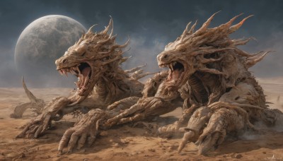 open mouth,outdoors,sky,teeth,tongue,artist name,cloud,signature,no humans,night,fangs,moon,sharp teeth,claws,full moon,monster,sand,giant,alien,desert,dust,lying,horns,watermark,on stomach,scales,multiple heads