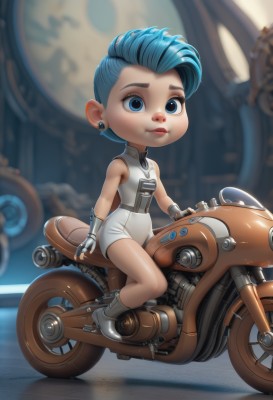 1girl,solo,looking at viewer,short hair,blue eyes,gloves,dress,bare shoulders,jewelry,sitting,closed mouth,blue hair,full body,earrings,boots,sleeveless,white gloves,chibi,white dress,blurry,lips,blurry background,short dress,ground vehicle,motor vehicle,ankle boots,stud earrings,grey footwear,motorcycle,zipper,asymmetrical hair,mohawk,short jumpsuit