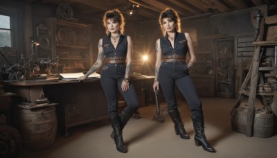 breasts,looking at viewer,short hair,multiple girls,brown hair,black hair,2girls,cleavage,bare shoulders,jewelry,medium breasts,standing,weapon,earrings,boots,sleeveless,choker,belt,pants,sword,indoors,necklace,black footwear,bracelet,window,tattoo,ring,knee boots,arm tattoo,leather,hammer,barrel,crate,smile,blonde hair,full body,book,desk