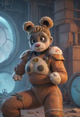 1girl,solo,looking at viewer,smile,blonde hair,animal ears,brown eyes,closed mouth,sweat,indoors,hair bun,armor,blurry,fur trim,cosplay,double bun,thick eyebrows,shoulder armor,furry,1other,furry female,short hair,brown hair,gloves,bear ears,dirty,brown fur,dirty face