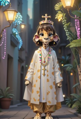 1girl,solo,looking at viewer,smile,short hair,brown hair,long sleeves,animal ears,brown eyes,jewelry,standing,full body,flower,earrings,outdoors,barefoot,pants,wide sleeves,necklace,blurry,night,blurry background,cross,crown,plant,building,gem,child,black nails,furry,1other,robe,furry female,female child,potted plant,brown pants,cross necklace,lamppost,street,pavement,blush,bangs,closed mouth,tail,artist name,flat chest,dog ears,arms at sides,dog girl,brown fur