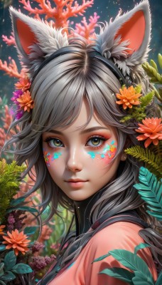 1girl,solo,long hair,looking at viewer,smile,bangs,hair ornament,animal ears,closed mouth,green eyes,yellow eyes,upper body,flower,grey hair,hairband,artist name,cat ears,hair flower,blurry,from side,lips,animal ear fluff,fox ears,eyelashes,makeup,swept bangs,leaf,watermark,facial mark,plant,portrait,pink shirt,pink lips,nose,facepaint,orange flower,mascara,coral,shirt,black hair,brown eyes,jewelry,earrings,fake animal ears,web address,fish,underwater,starfish