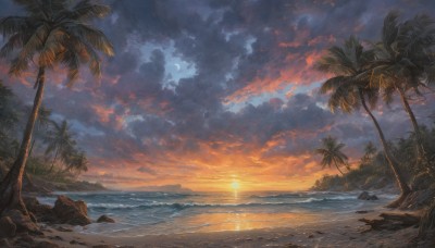 outdoors,sky,cloud,water,tree,no humans,ocean,beach,moon,sunlight,cloudy sky,scenery,sunset,rock,sand,palm tree,sun,horizon,crescent moon,evening,shore,orange sky,nature