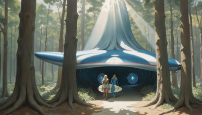 1girl,long hair,multiple girls,blonde hair,brown hair,1boy,2girls,standing,swimsuit,outdoors,day,from behind,tree,sunlight,nature,scenery,forest,innertube,light rays,sunbeam,dress,holding,white dress,holding hands,umbrella,robot,science fiction,aircraft,vehicle focus,planet,spacecraft