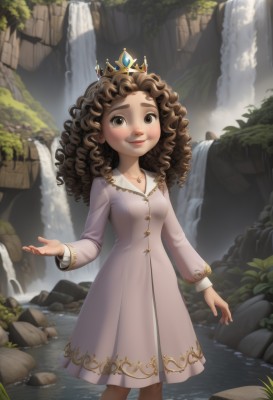 1girl,solo,long hair,breasts,looking at viewer,blush,smile,brown hair,long sleeves,dress,brown eyes,jewelry,closed mouth,standing,small breasts,outdoors,day,water,necklace,white dress,bracelet,lips,watermark,sunlight,tiara,crown,child,nature,wading,pendant,curly hair,rock,fantasy,waterfall,stream,collarbone,artist name,feet out of frame,wavy hair,thick eyebrows