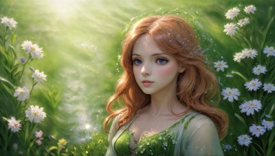 HQ,1girl,solo,long hair,breasts,looking at viewer,blush,blue eyes,brown hair,dress,cleavage,medium breasts,collarbone,upper body,flower,outdoors,parted lips,day,lips,wavy hair,sunlight,grass,white flower,nature,green dress,light rays,realistic,daisy,bangs,red hair,water,orange hair,see-through,sparkle,sunbeam,dandelion