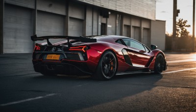 outdoors,tree,no humans,shadow,ground vehicle,building,scenery,motor vehicle,car,road,vehicle focus,lamppost,street,sports car,solo,from side,window,wheel