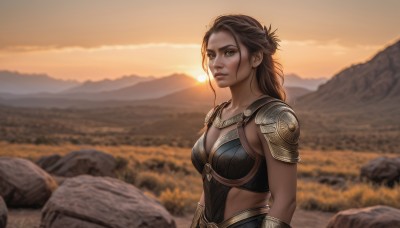 1girl,solo,long hair,breasts,looking at viewer,brown hair,cleavage,brown eyes,medium breasts,closed mouth,upper body,outdoors,sky,dark skin,armor,blurry,dark-skinned female,lips,depth of field,blurry background,scar,shoulder armor,backlighting,pauldrons,sunset,rock,mountain,realistic,sun,bikini armor