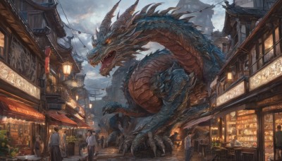 open mouth,multiple girls,outdoors,multiple boys,horns,sky,teeth,cloud,bag,building,scenery,6+boys,lantern,city,sign,fantasy,dragon,road,scales,architecture,east asian architecture,power lines,street,shop,town,eastern dragon,people,storefront,short hair,shirt,standing,day,window,plant,monster,potted plant,paper lantern,crowd,banner