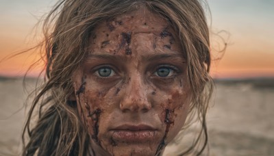 1girl,solo,long hair,looking at viewer,blue eyes,blonde hair,brown hair,1boy,closed mouth,male focus,outdoors,parted lips,sky,teeth,blurry,lips,blood,depth of field,blurry background,portrait,blood on face,realistic,dirty,dirty face,facial hair,ocean,beach,messy hair,close-up,sunset,stubble,horizon,sunrise